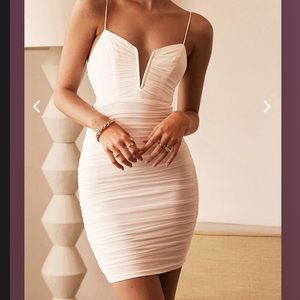 GOOD VIBES DEEP V-NECKLINE RUCHED MINI DRESS WHITE